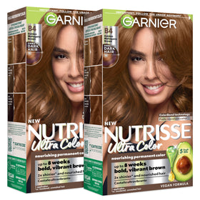 Garnier Nutrisse front packaging showing B4 Golden Mahogany Brown shade and benefits