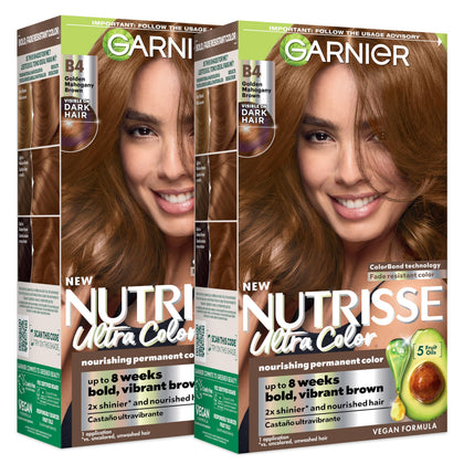 Garnier Nutrisse front packaging showing B4 Golden Mahogany Brown shade and benefits