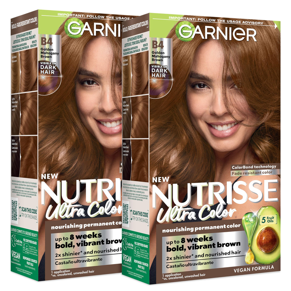Garnier Nutrisse front packaging showing B4 Golden Mahogany Brown shade and benefits