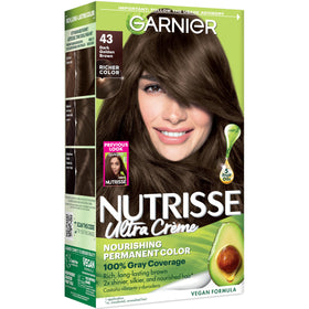 Garnier box front showing 43 dark golden brown and kit inclusions for clear identification
