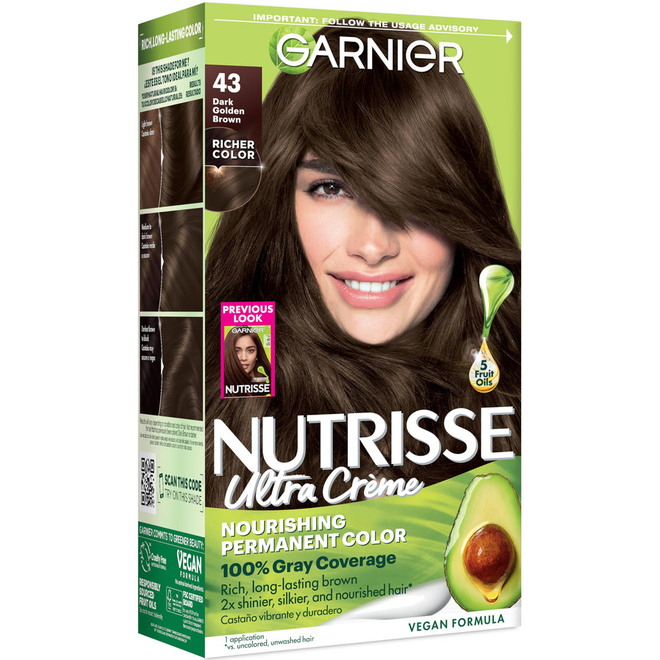 Garnier box front showing 43 dark golden brown and kit inclusions for clear identification