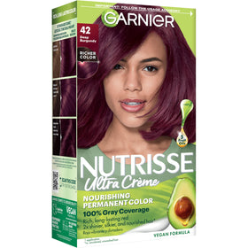 Garnier Nutrisse front box showing Deep Burgundy and vegan badge for clear product ID and benefit