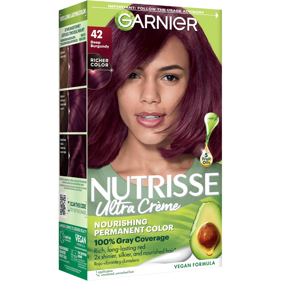 Garnier Nutrisse front box showing Deep Burgundy and vegan badge for clear product ID and benefit
