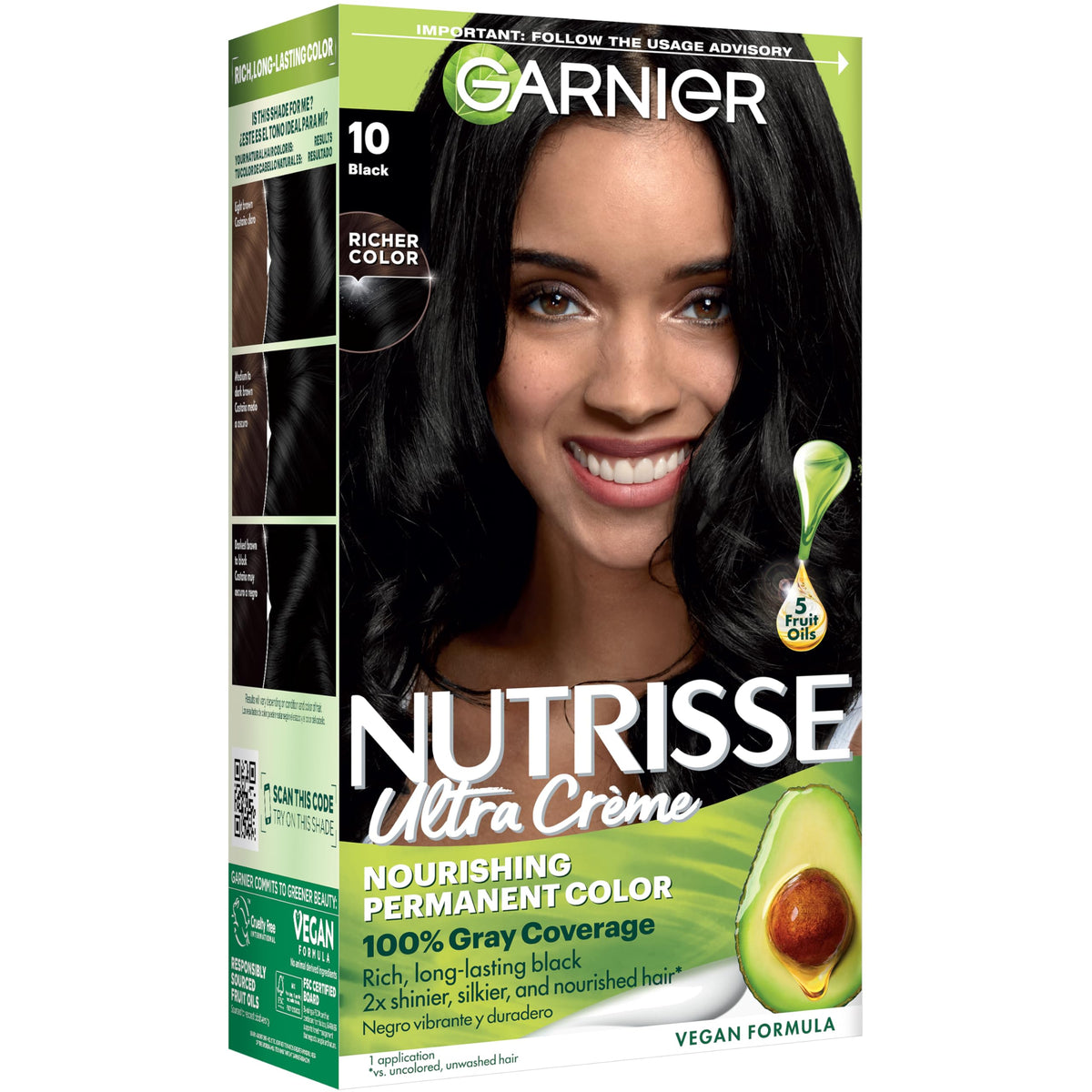 Garnier Nutrisse front box 10 Black showing shade and benefits