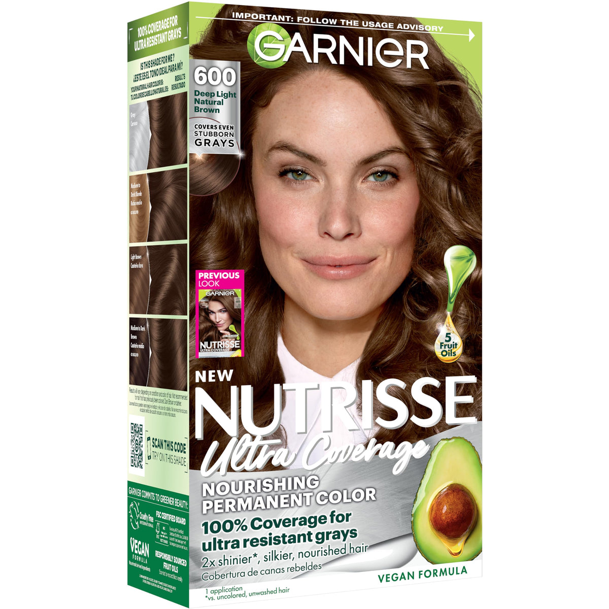 Garnier Nutrisse front box showing shade 600 deep light natural brown and benefits