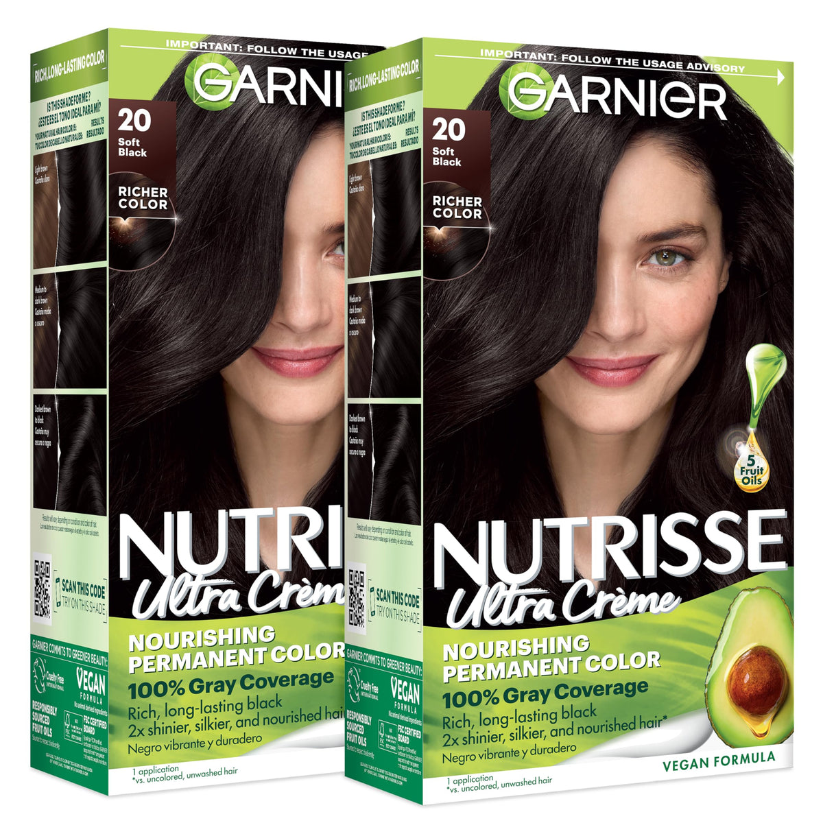 Garnier Nutrisse front box showing shade 20 Soft Black and benefits