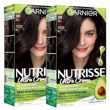 Garnier Nutrisse front box showing shade 20 Soft Black and benefits