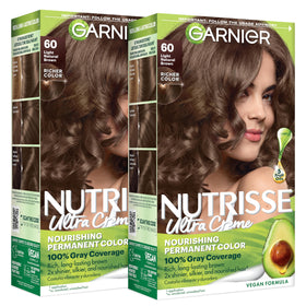 Garnier Nutrisse front packaging showing shade 60 Acorn and benefits