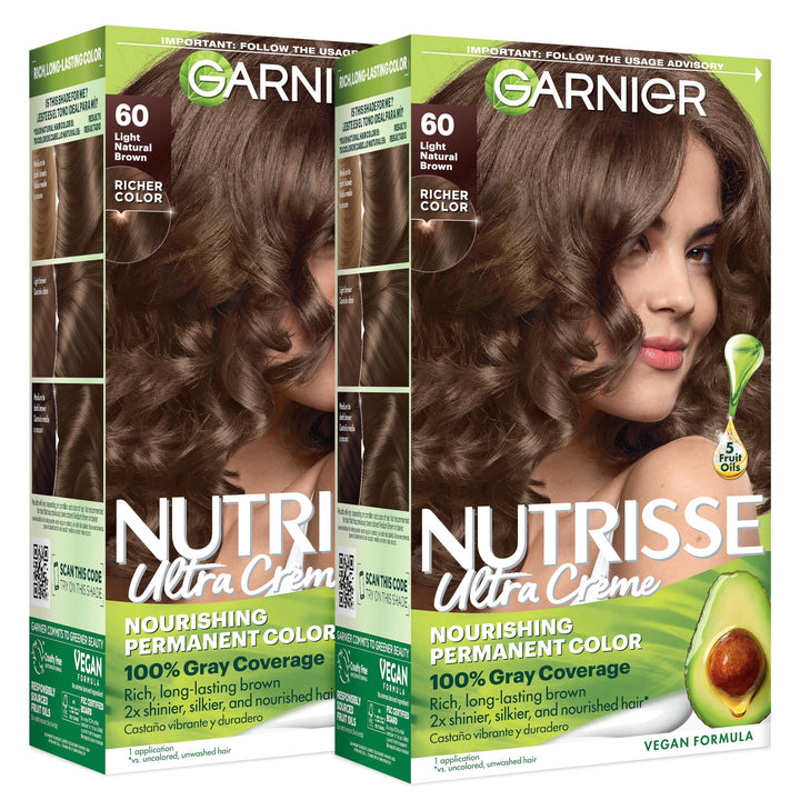 Garnier Nutrisse front packaging showing shade 60 Acorn and benefits