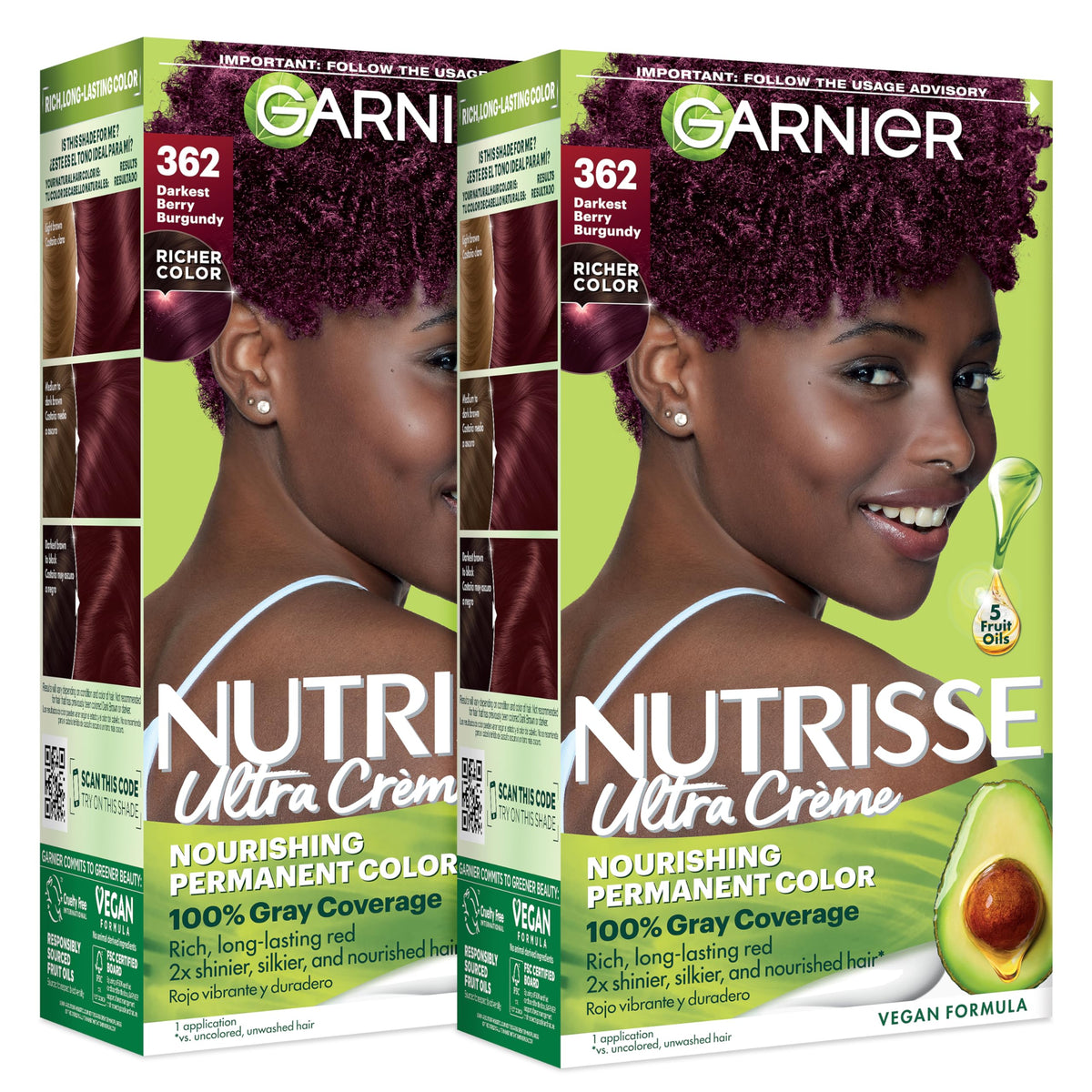 Garnier Nutrisse front packaging showing berry burgundy shade and benefits