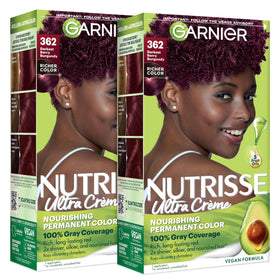 Garnier Nutrisse front packaging showing berry burgundy shade and benefits