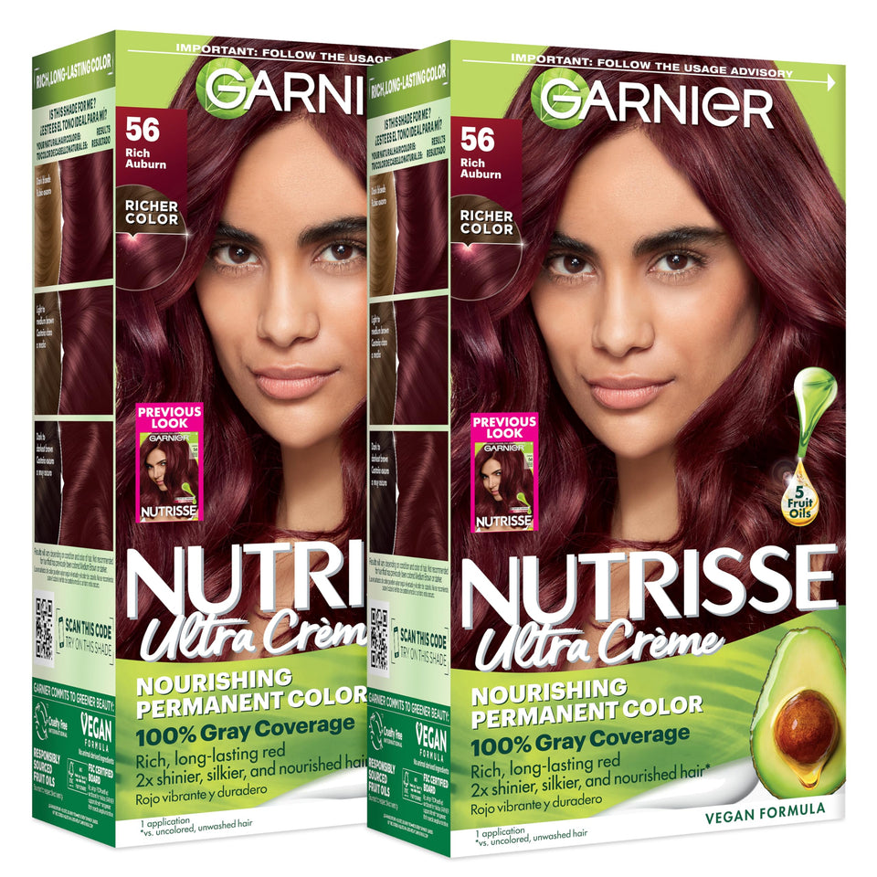 Garnier Nutrisse front packaging showing rich auburn color and kit benefits