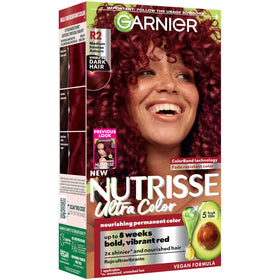 Garnier Nutrisse front box showing R2 medium intense auburn, clear shade packaging and benefits