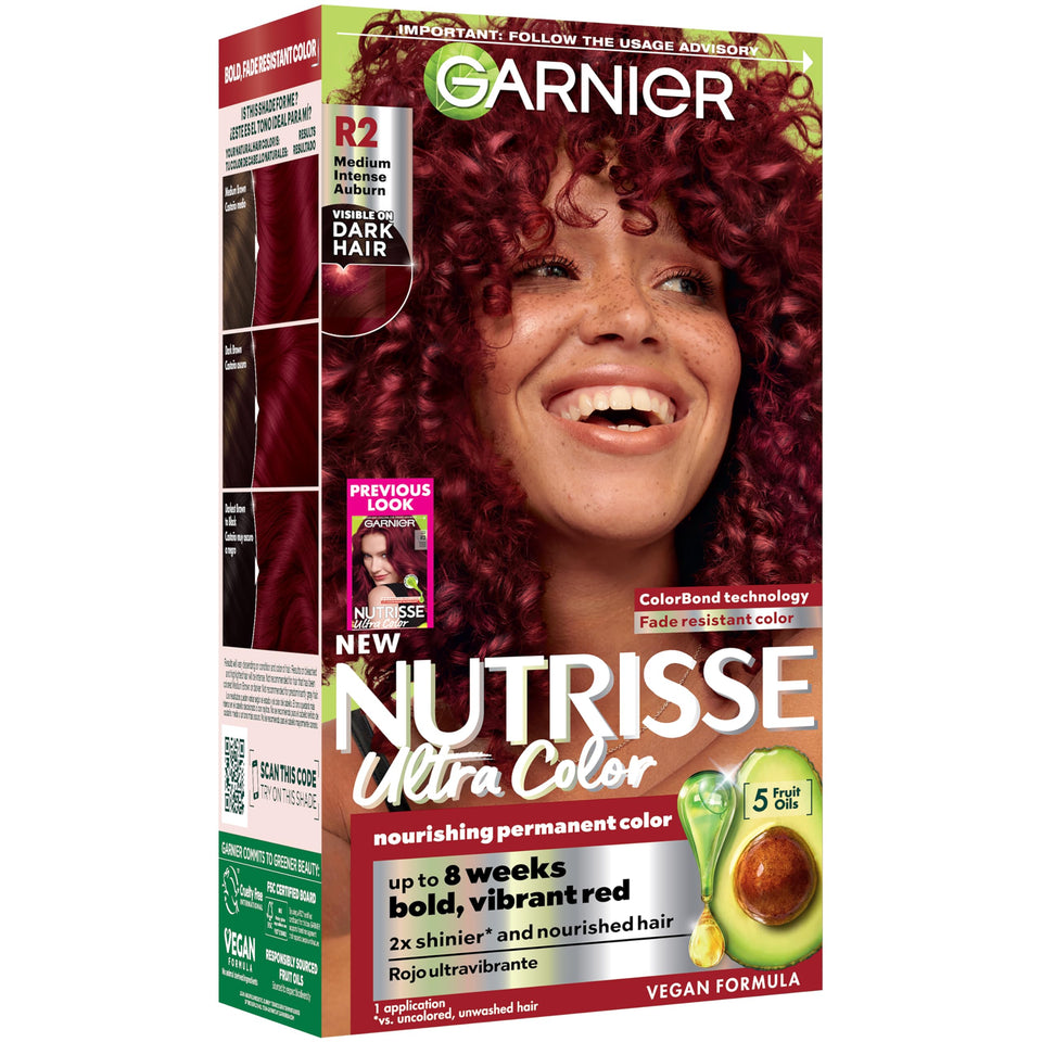 Garnier Nutrisse front box showing R2 medium intense auburn, clear shade packaging and benefits