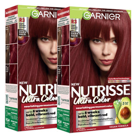 Garnier Nutrisse front packaging showing shade R3 and bold auburn result benefit