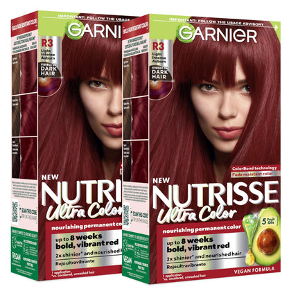 Garnier Nutrisse front packaging showing shade R3 and bold auburn result benefit