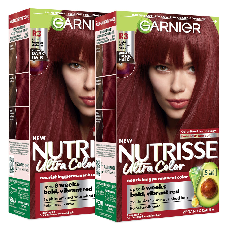 Garnier Nutrisse front packaging showing shade R3 and bold auburn result benefit