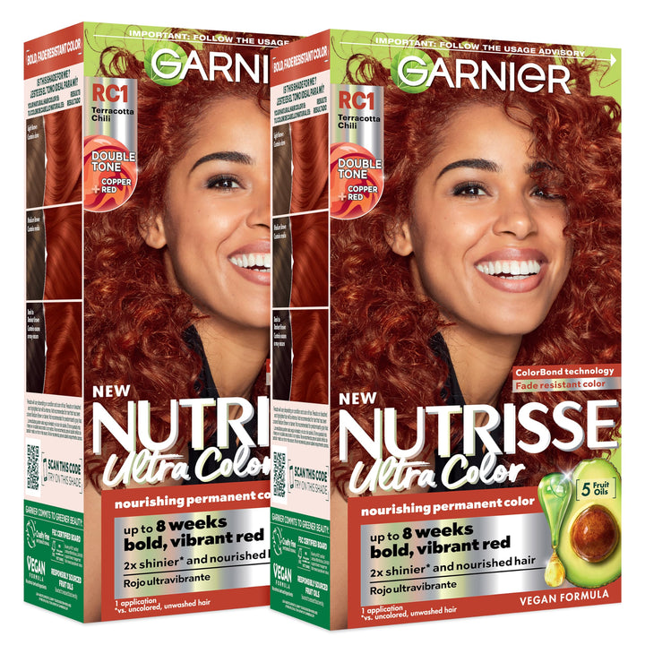 Garnier Nutrisse front packaging showing RC1 copper red and kit benefits
