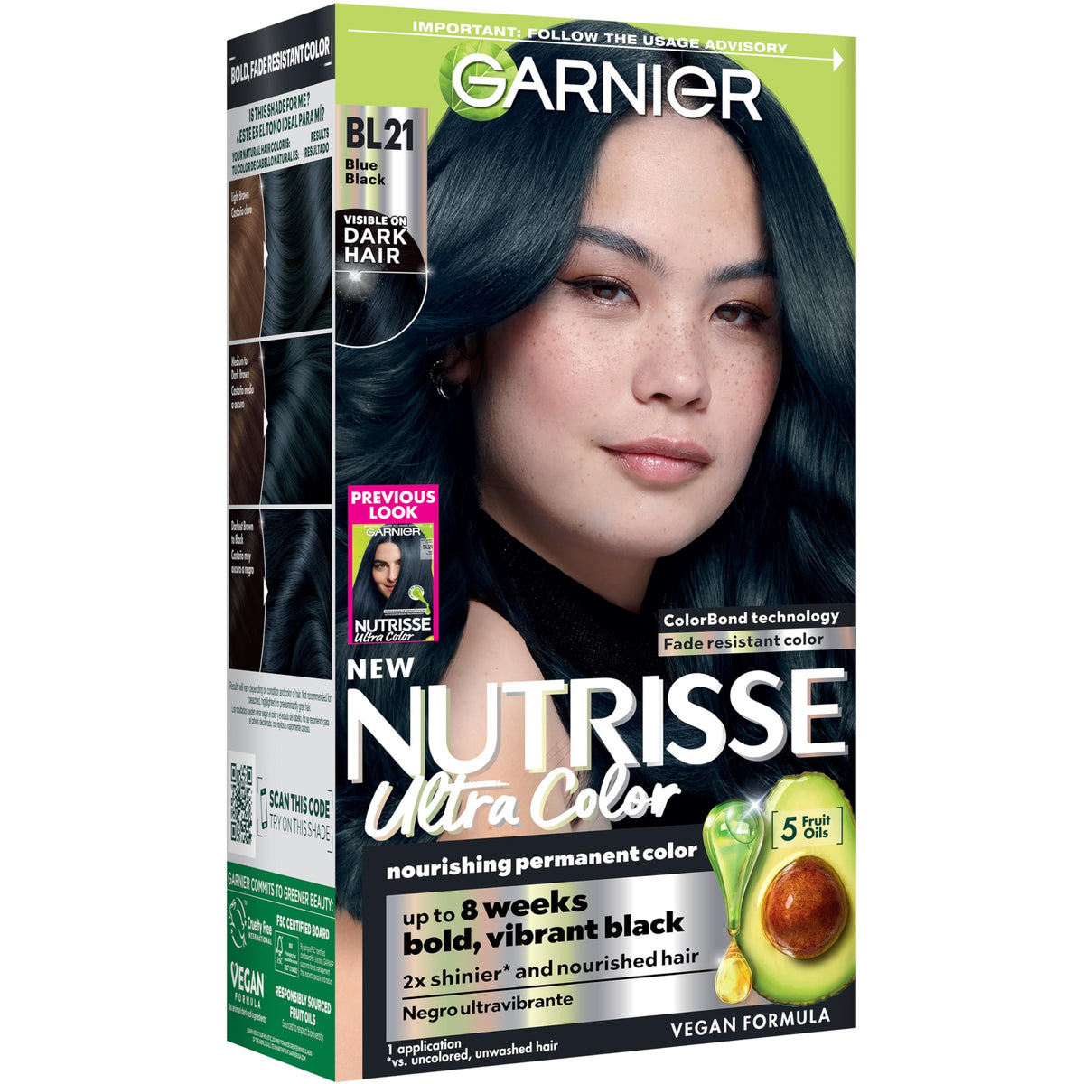 garnier front box showing BL21 Blue Black and benefits