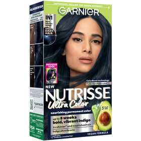Garnier Nutrisse front packaging showing kit contents and vibrant indigo shade benefit shine