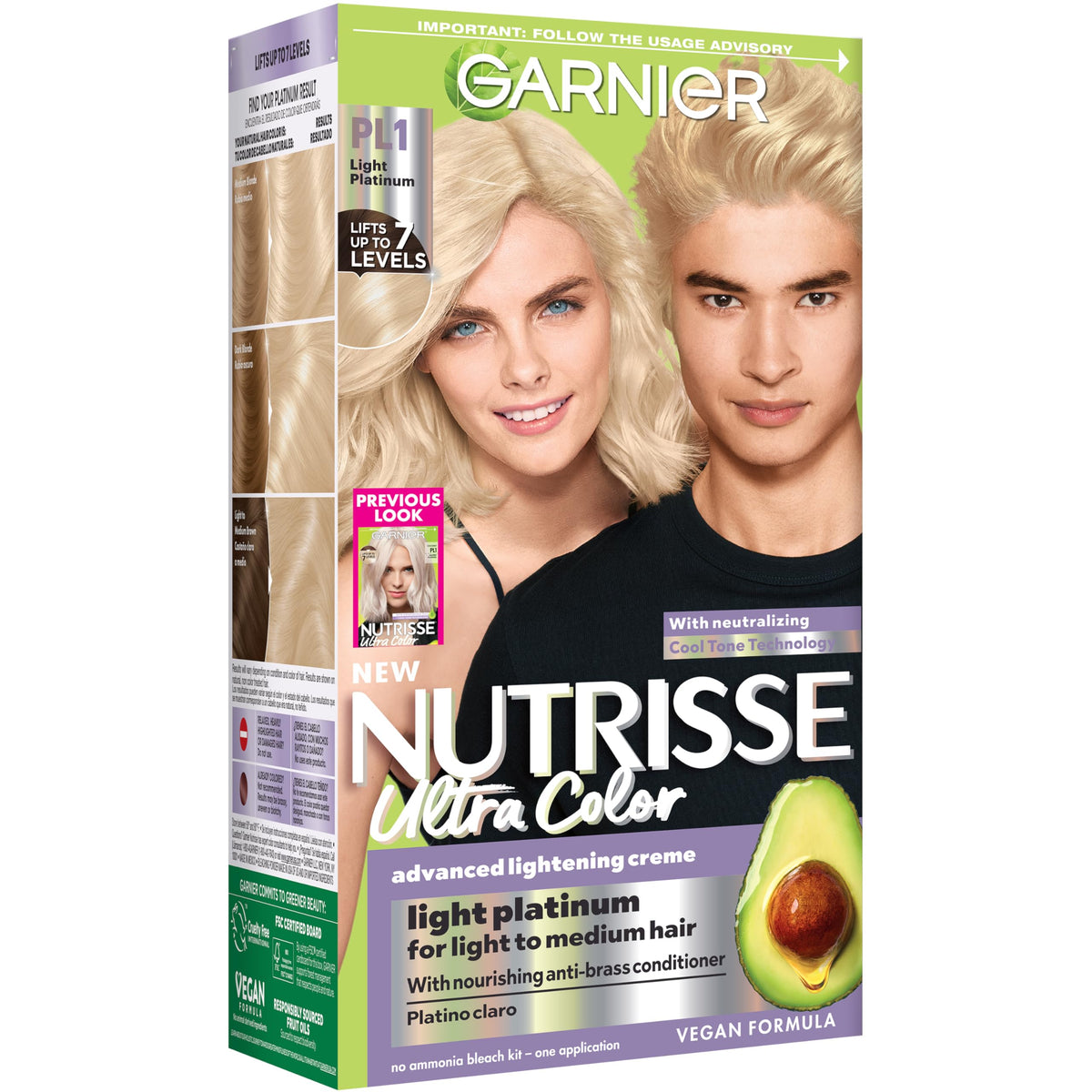 Garnier Nutrisse front packaging showing PL1 Light Platinum, highlights nourishing formula