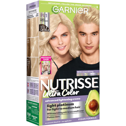 Garnier Nutrisse front packaging showing PL1 Light Platinum, highlights nourishing formula