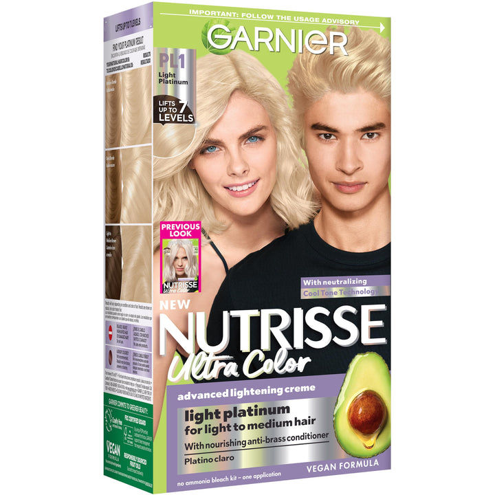 Garnier Nutrisse front packaging showing PL1 Light Platinum, highlights nourishing formula