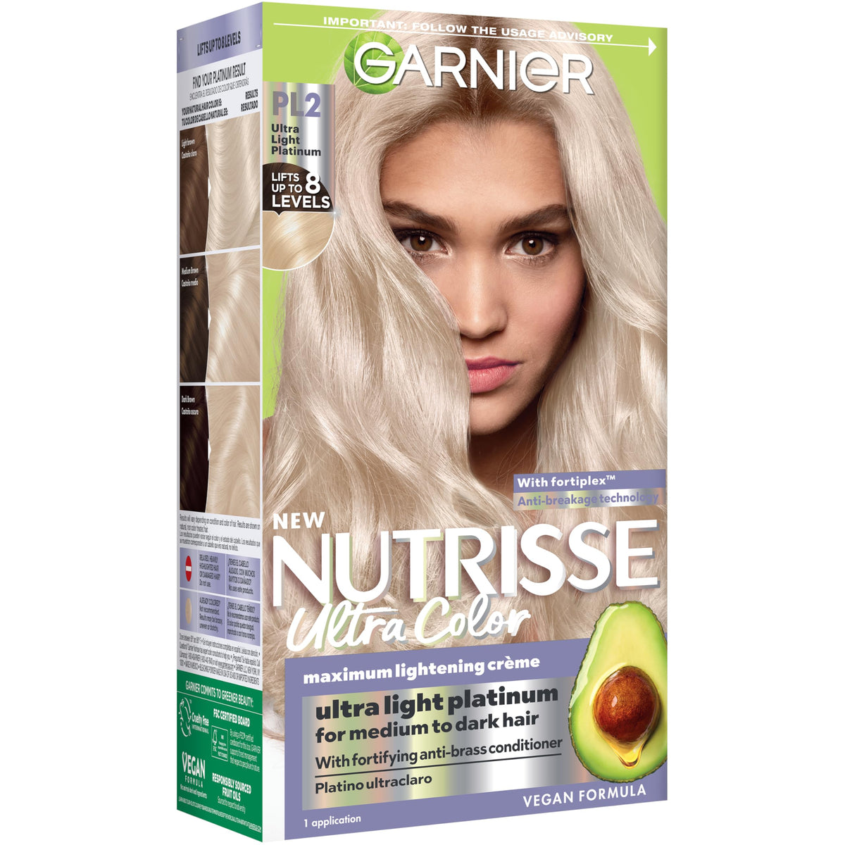 Garnier Nutrisse front box showing PL2 shade and benefits