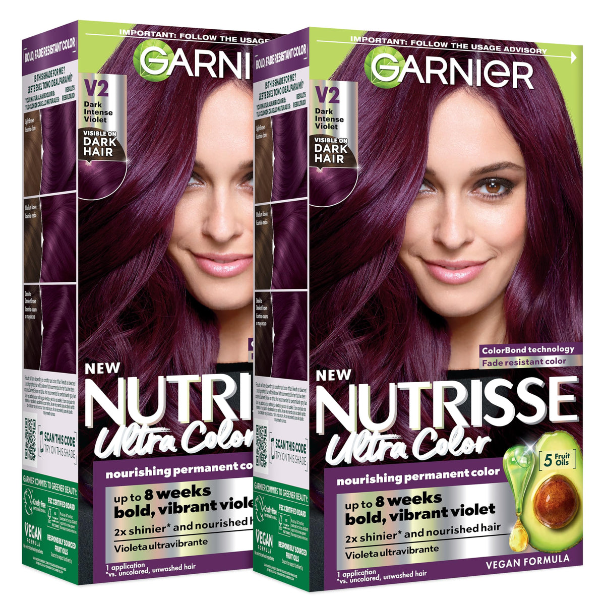 garnier Nutrisse Ultra Color box front showing shade V2 and benefits