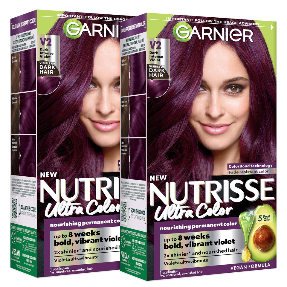 garnier Nutrisse Ultra Color box front showing shade V2 and benefits