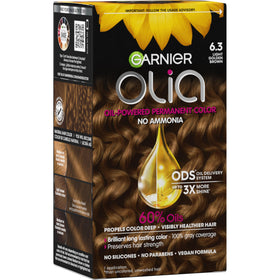 Garnier Olia front box showing shade 6.3 and benefits for glossy hair