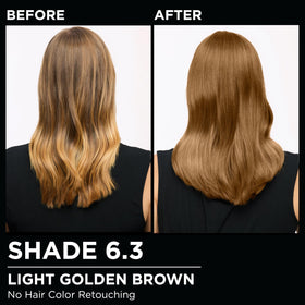 Garnier Olia model before and after showing warmer golden-brown shine