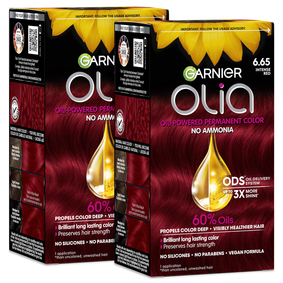 Garnier Olia front packaging showing Intense Red and benefits