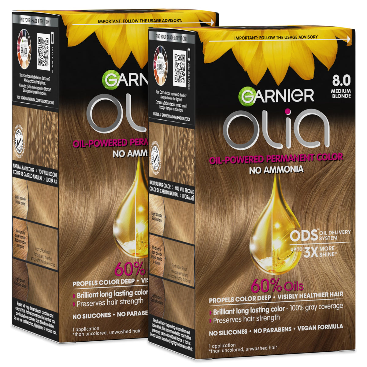 Garnier Olia box front showing medium blonde shade and oil-powered benefits