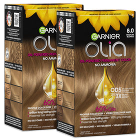 Garnier Olia box front showing medium blonde shade and oil-powered benefits