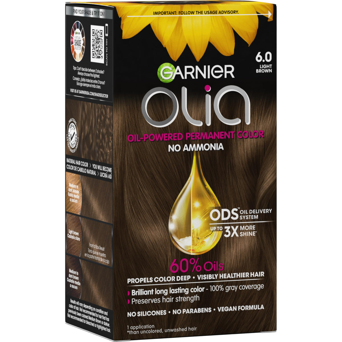 Garnier Olia front box showing shade 6.0 Light Brown and oil-powered benefits