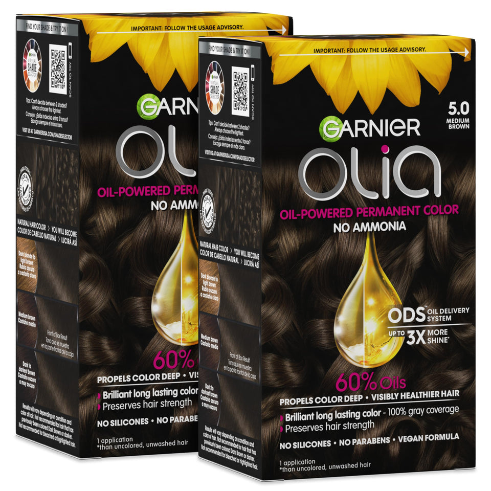 Garnier Olia front box showing medium brown shade and benefits