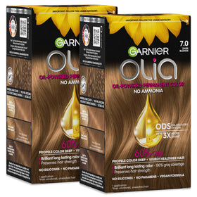 Garnier Olia front box showing shade 7.0 dark blonde and benefits