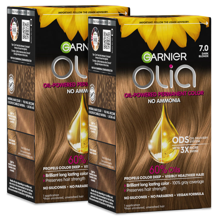 Garnier Olia front box showing shade 7.0 dark blonde and benefits