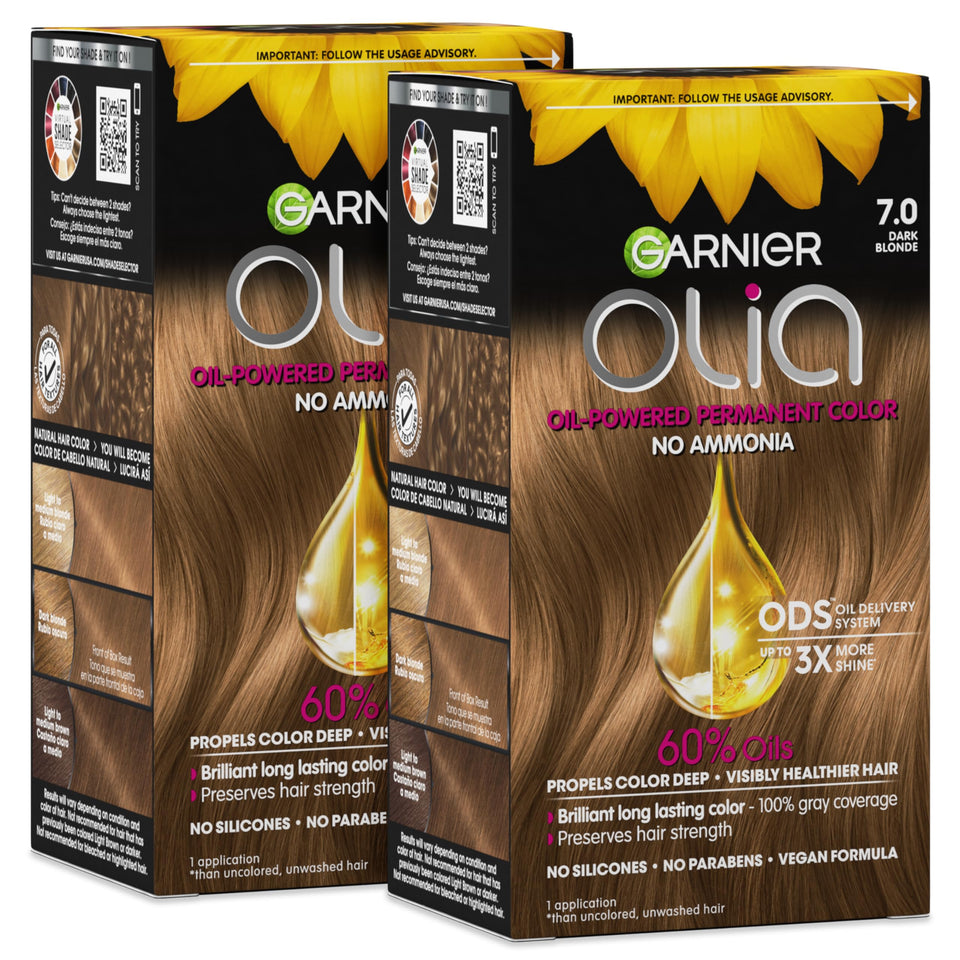 Garnier Olia front box showing shade 7.0 dark blonde and benefits