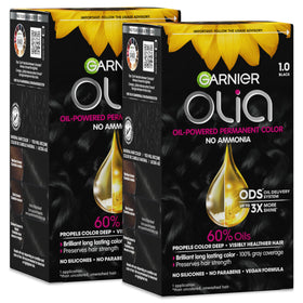 Garnier Olia front box showing shade 1.0 black and benefits