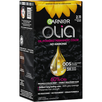Garnier Olia front packaging showing platinum black shade and benefits