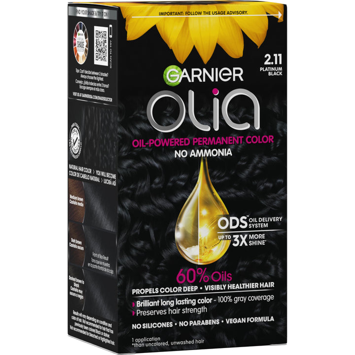Garnier Olia front packaging showing platinum black shade and benefits