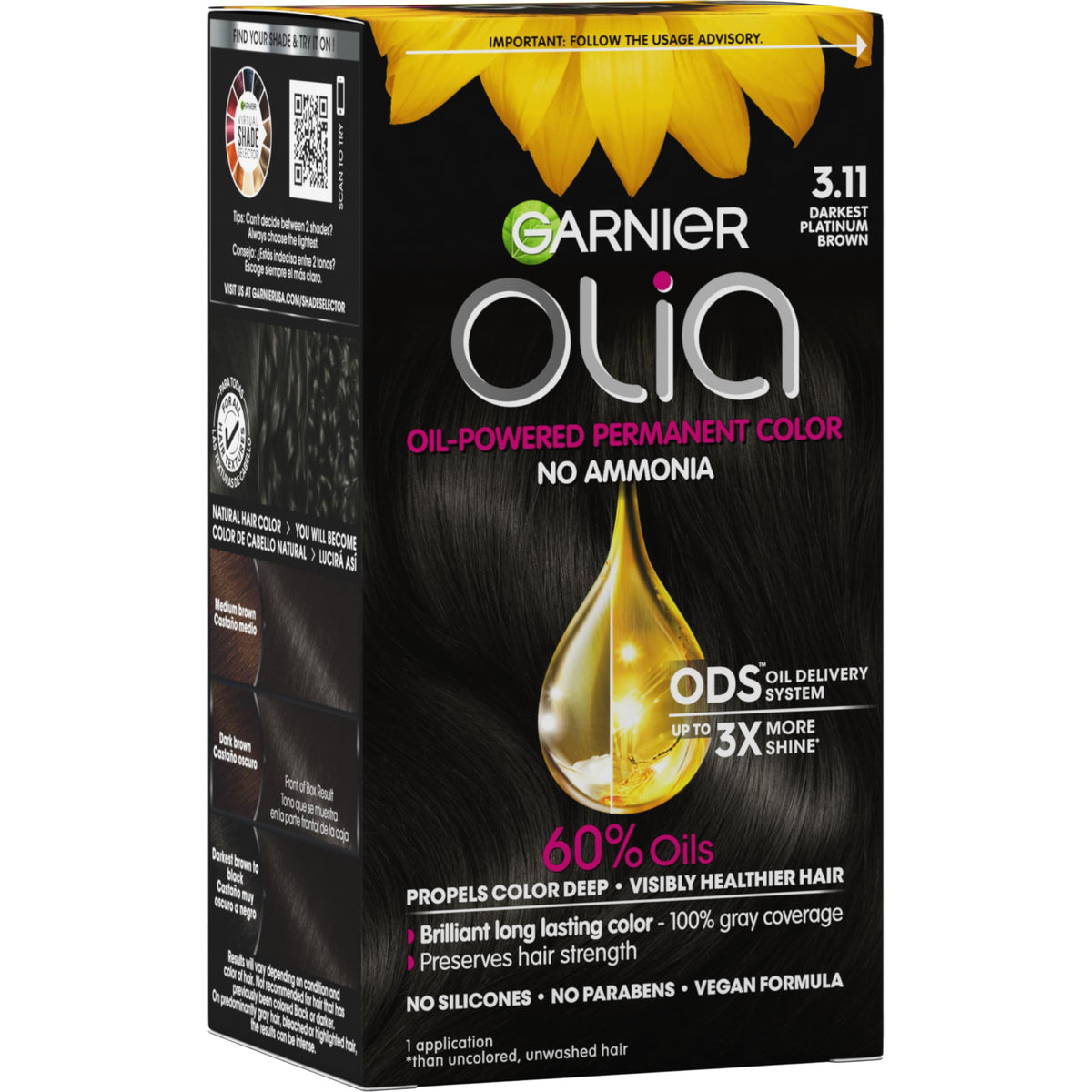 Garnier Olia front packaging showing shade and benefits for vibrant color