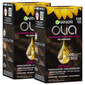 Garnier Olia front packaging showing shade 5.03 medium neutral brown and benefits