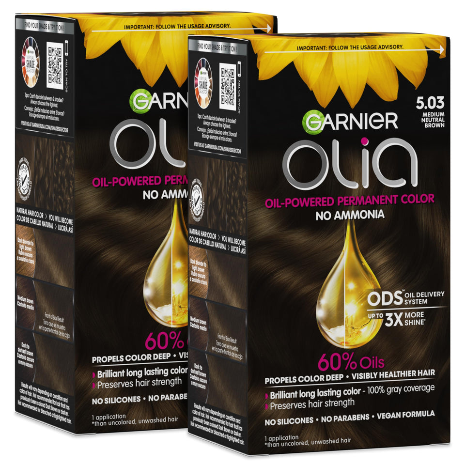 Garnier Olia front packaging showing shade 5.03 medium neutral brown and benefits