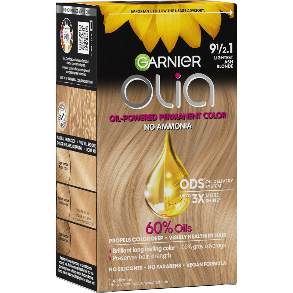 Garnier Olia front packaging showing shade and benefits for shiny hair