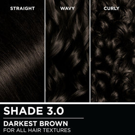 Garnier Olia swatch card for shade 3.0 darkest brown accurate reference