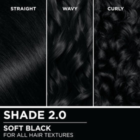 Swatch cards of soft black shade showing Garnier accurate color results