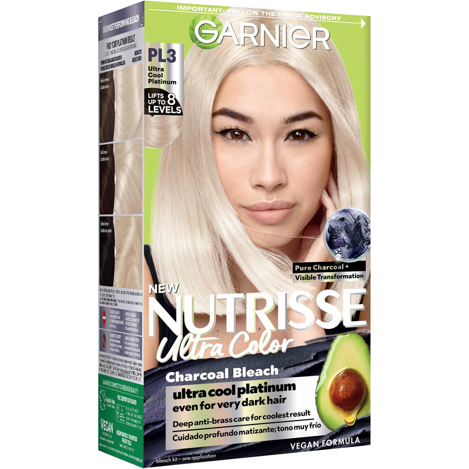 Garnier PL3 front box showing shade and benefits for cool platinum results
